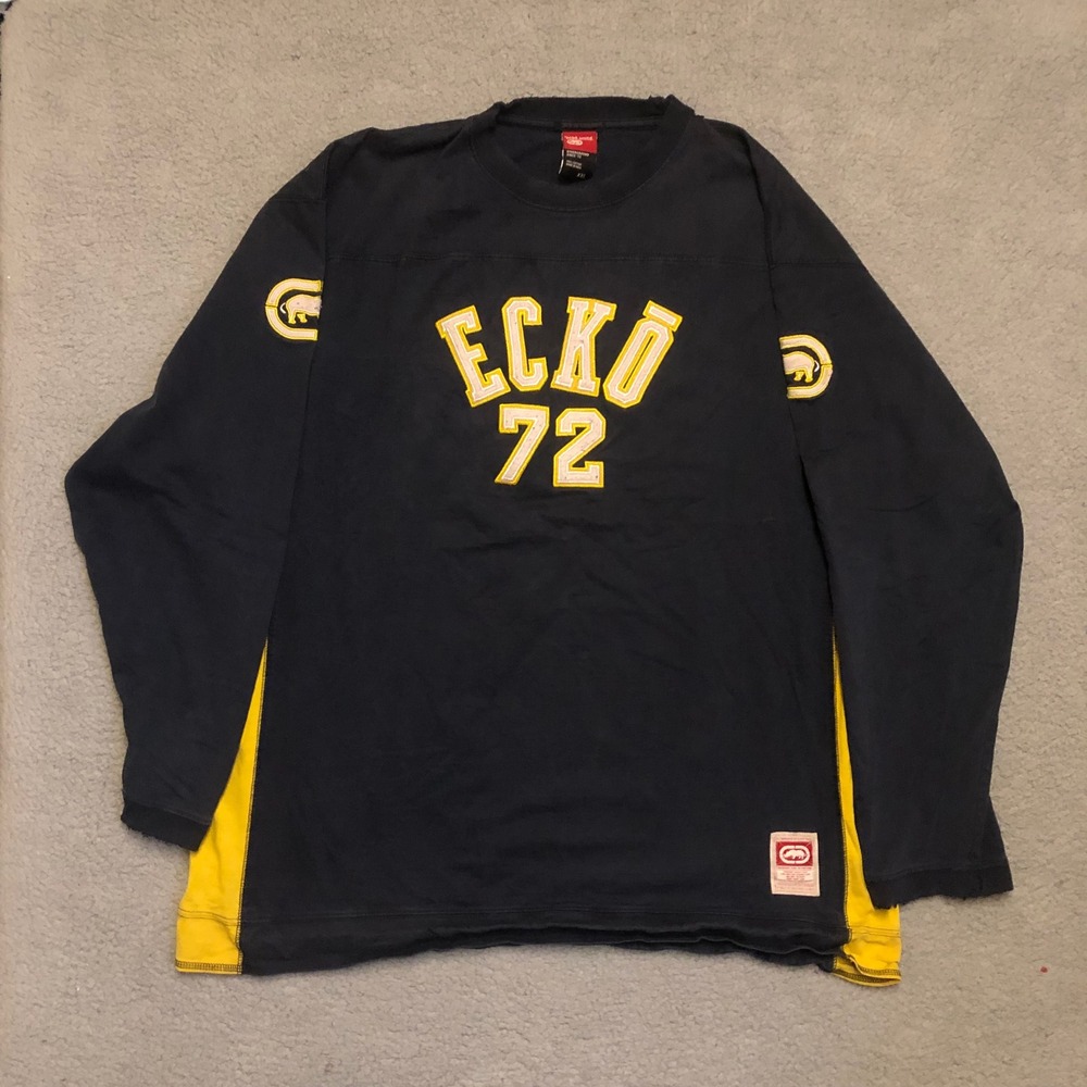 Vtg Y2k Ecko Unltd Long Sleeve Jersey Shirt Navy Yellow XXL‎ Baggy Streetwear